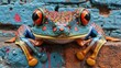 A colorful frog sitting on a brick wall with painted eyes, AI