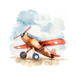 Vintage red airplane on sky background, cartoon watercolor illustration