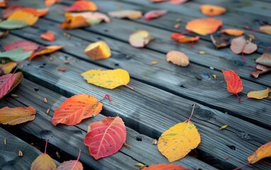 Colorful autumn leaves scattered on old wooden planks.