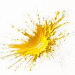 A splatter of yellow paint on a white background, with the paint appearing to be in motion or just thrown.