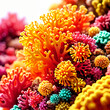 A vibrant and colorful display of coral, with various shades of yellow, pink, red, blue, and green.