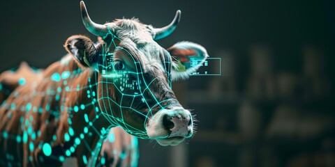 A close-up of a cow with a blue digital overlay, suggesting futuristic farming concepts
