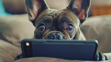 Fototapeta  - Image of a dog making a surprised face at a cell phone screen..