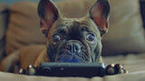 Fototapeta  - Image of a dog making a surprised face at a cell phone screen..