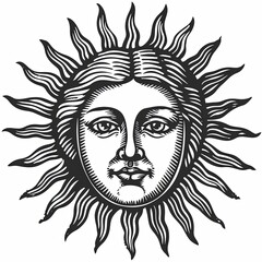 Wall Mural - An image of the sun with a face and rays. A mystical, esoteric or occult design element. Cartoon characters in pencil drawing style. Black and white image. Illustration for cover, card, print, etc.