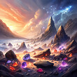 A serene fantasy landscape with a rocky beach, mountains, and a sky filled with clouds and stars. The scene is illuminated by the warm glow of a sunset or sunrise.