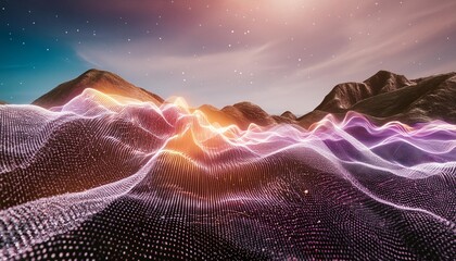 Wall Mural - vibrant digital wave landscape with particles a high quality 3d render of a dynamic digital wave landscape with illuminated particle dots creating a cosmic atmosphere