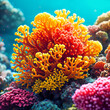 A vibrant underwater scene with various types of coral, including red and yellow varieties, surrounded by other colorful marine life.