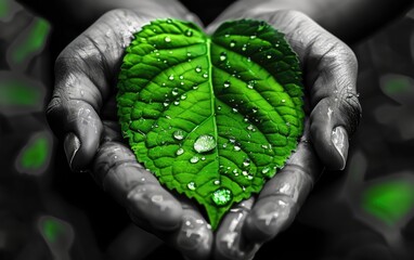 Green leaf with water droplets cradled in black and white hands.