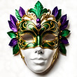 A vibrant and ornate mask with a white base, adorned with gold accents, purple flowers, and green leaves.