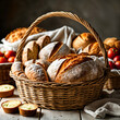 A wicker basket filled with freshly baked bread, placed on a wooden table against a dark background.