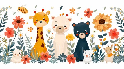 Wall Mural - Adorable flowers, giraffes, honey, bears, and sheep on background. Cute animal repeated in fabric pattern for prints, wallpapers, covers, papers, and packaging.