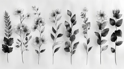 Wall Mural - An illustration design for logos, weddings, invitations, decor, featuring foliage, leaf branches, flowers, herbs, and wildflowers. A modern element for use in logos, weddings, invitations, and decor.