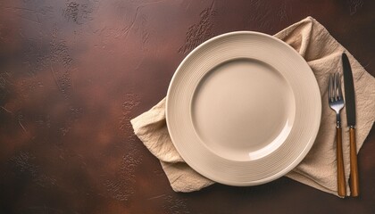 Poster - empty white plate with a beige linen napkin on a brown rustic background top view flat lay copy space