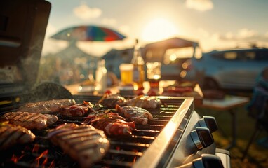 outdoor tailgating event with grilling and socializing friends.