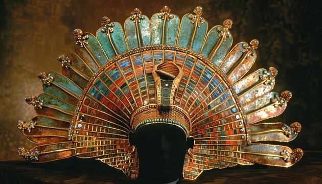 A ceremonial headdress worn by Egyptian royalty during dynastic ceremonies, adorned with precious jewels and gold