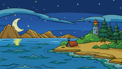 free seascape at night cartoon vector illustration