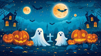 Sticker - An adorable collection of spooky ghosts, pumpkins, bats, lollipops, spiders, cauldrons, brooms, graves for your Halloween decorations.