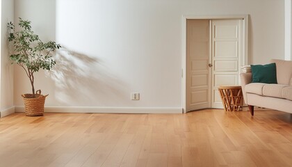 Wall Mural - oak wood floor with white wall generative ai