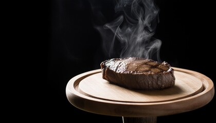 Sticker - angus beef steak on wood dish with black background in studio light food concept generative ai