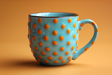 Sticker - Pale turquoise ceramic mug with pastel orange polka dots on a pastel yellow surface, invoking a sense of joy and playfulness. Generative Ai.