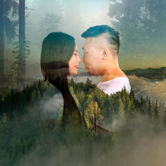 Poster - Double exposure of affectionate couple and natural scenery