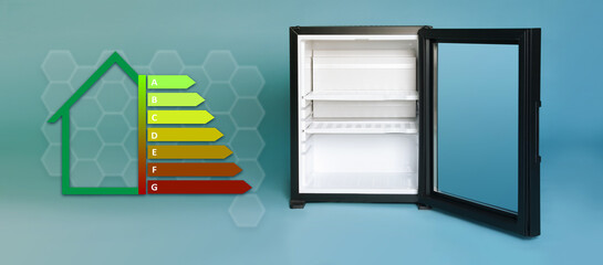 Wall Mural - Energy efficiency rating label and refrigerator on gradient color background, banner design