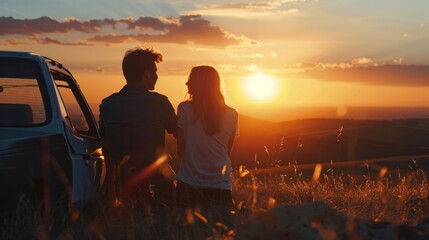 Wall Mural - A happy woman sits beside her boyfriend against a car as the sun sets.