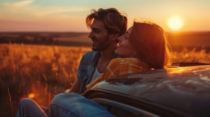 Wall Mural - A happy woman sits beside her boyfriend against a car as the sun sets.