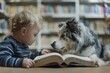Reading therapy with a dog for children with disabilities and developmental differences. A little boy reads to a guide dog. The dog helps the child learn to read.