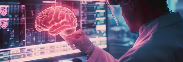 A medical researcher explores a new AIdriven diagnostic tool in a vintagestyled setting, using pastel tones and a HUD icon of a brain scan Style Closeup cinematic sharpen