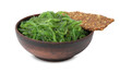 Tasty seaweed salad in bowl and crispbread isolated on white