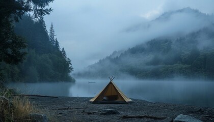 a lone tent set up near a misty lake or river, surrounded by dense evergreen forests. the scene has 