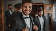 Stylish groomsmen helping happy groom getting ready in the morning for wedding ceremony. luxury man in suit in room. space for text. Generative AI