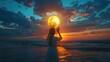 The girl holds the moon in her hands. Beautiful sunset on the sea. Dreams come true. Generative AI