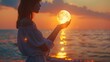 The girl holds the moon in her hands. Beautiful sunset on the sea. Dreams come true. Generative AI