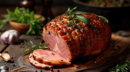 Wall Mural - Roasted ham seasoned with authentic spices and fragrant herbs