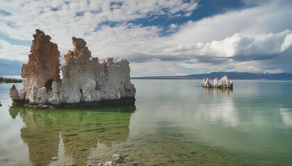 Wall Mural - tufa formation outcrop on a partly cloudy sunny day near shallow water