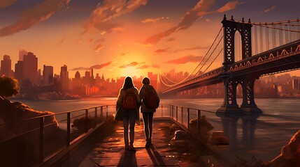 Wall Mural - a couple walking across an iconic bridge in an unfamiliar city, with warm tones conveying a sense of adventure and discovery