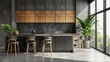 © millionaire - Modern kitchen interior with a gray blank wall, minimalist furniture