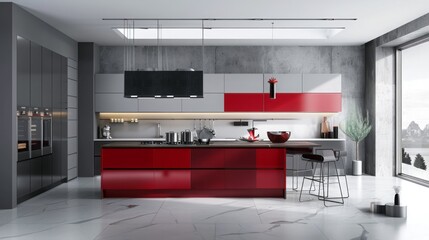 gray and red kitchen interior with island and poster