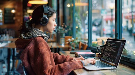 female programmer coding in coffee shop
