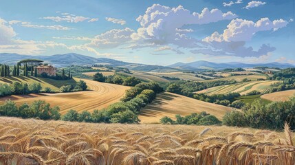 Poster - The sweeping vista of the picturesque Mugello countryside bathed in the warm afternoon glow of the summer solstice showcases expansive wheat fields stretching as far as the eye can see