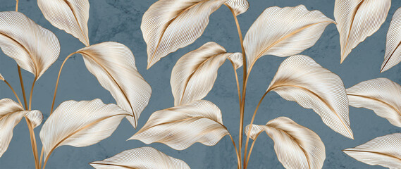 Wall Mural - luxury art background with white leaves of tropical plants with golden elements in line art style. b
