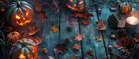 Leinwandbilder - Rustic wooden table adorned with carved pumpkins illuminated by flickering candles, surrounded by autumn leaves, pinecones, and gourds, creating a cozy and inviting atmosphere for a Halloween gatherin