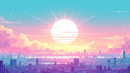 Wall Mural - background of a purple sunset over a cityscape, with the sun in the center and rays spreading across the sky