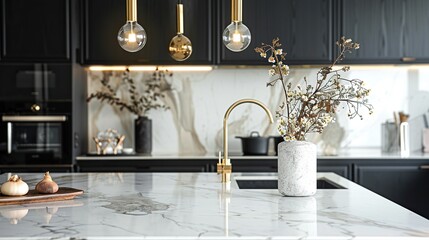 Canvas Print - Trendy and Elegant Kitchen featuring Chic Black and White Cabinetry, Golden Fixtures, and Marble Flooring.