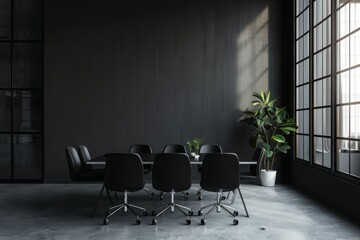 Office meeting room interior with chairs and table, window. Mock up wall