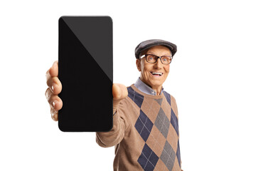 Canvas Print - Senior man showing a smartphone in front of camera