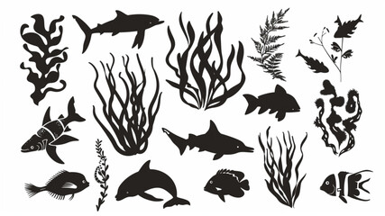 Wall Mural - marine animals and fish, seaweed silhouette ,on white background, vector 3D avatars set vector icon, white background, black colour icon